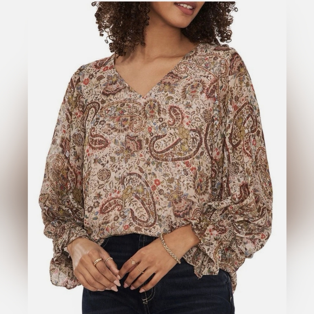 1. State Paisley V-Neck Long Sleeve Blouse in Beige Multi